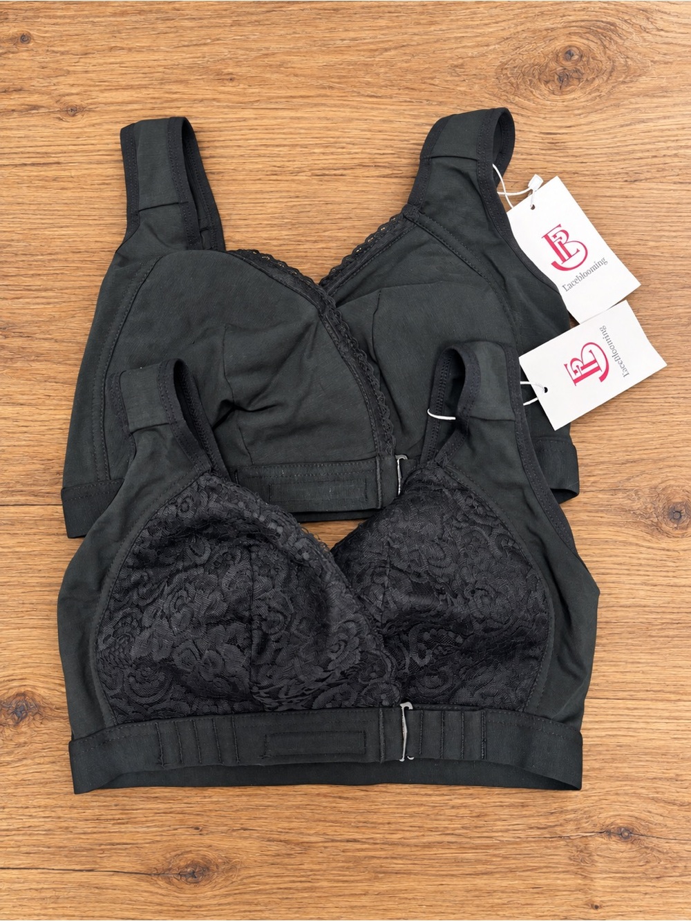 EaseBlooming Women’s Black Wireless Front Closure Bras 2 pack Medium